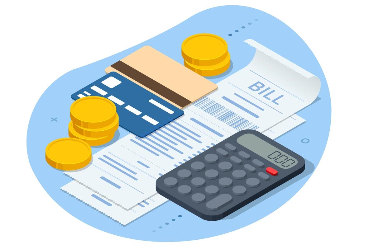 An illustration of a calculator next to two bills, two bank cards and six golden coins.