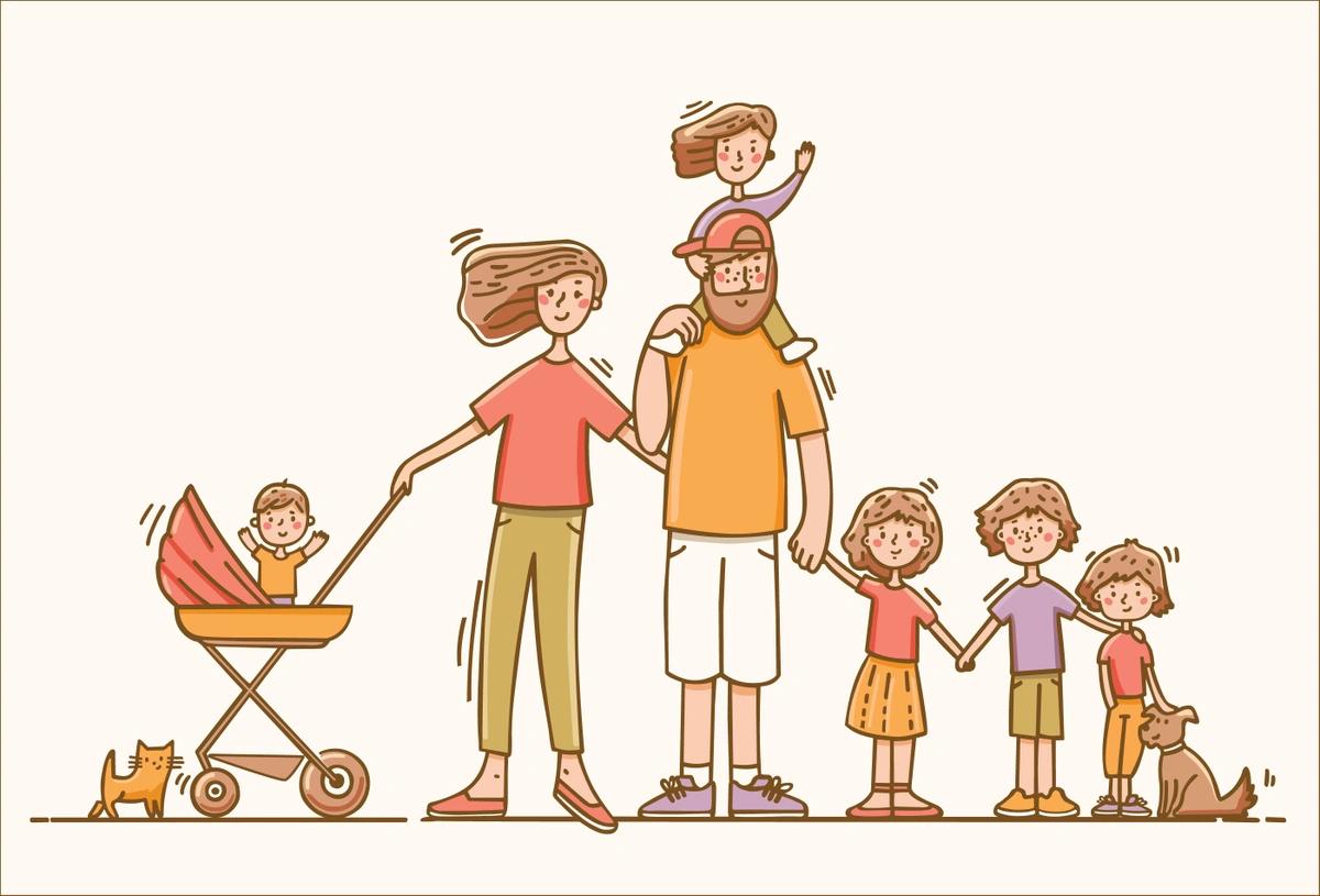 Illustration of a family with five kids