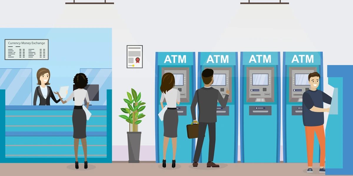 An illustration of a scene inside a bank with people using ATMs and a woman exchanging money at the counter.