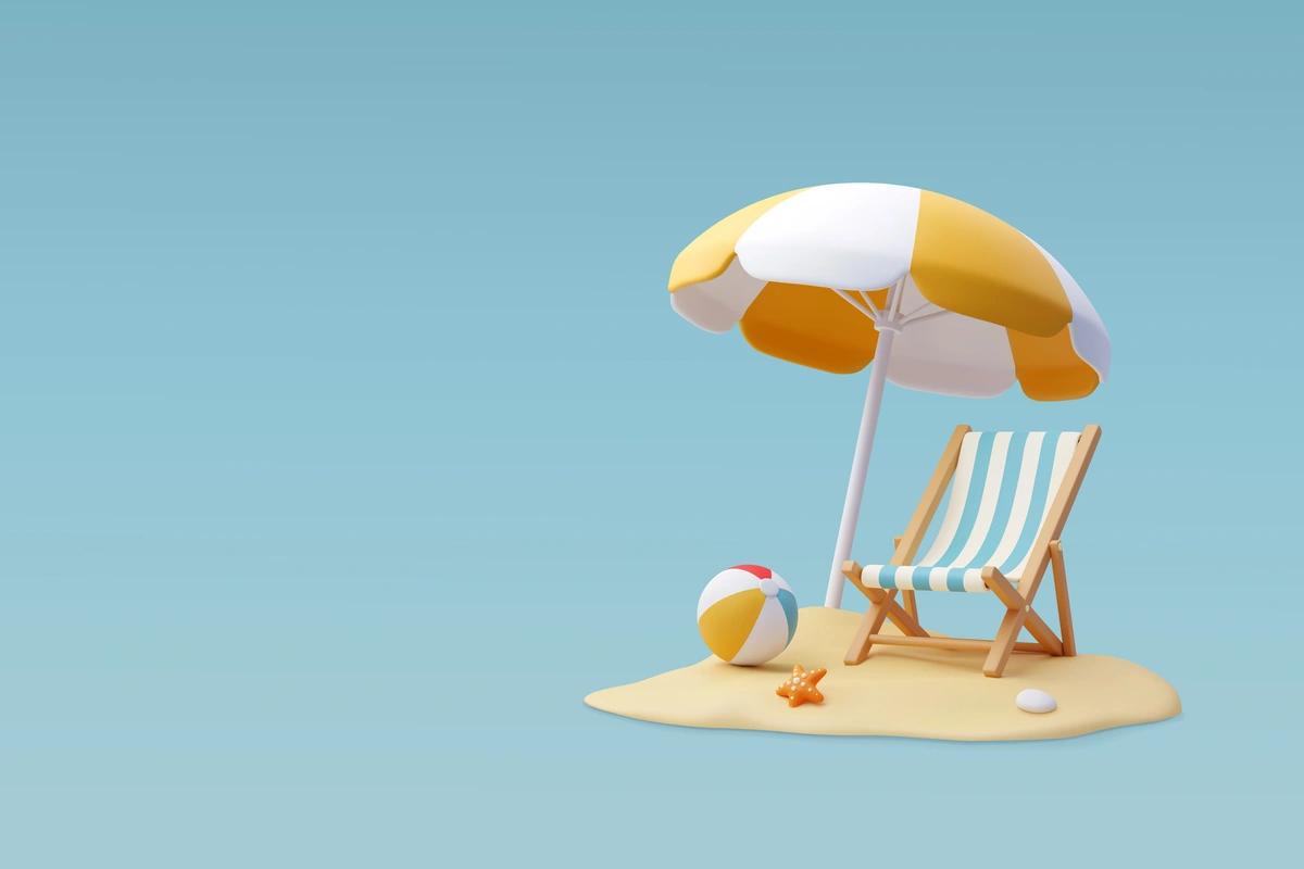 Illustration of empty sun lounge chair on beach against blue background