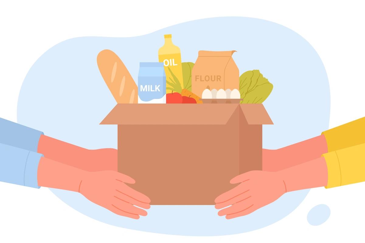 An illustration of a food box with bread, milk, oil, flour, eggs and fresh produce being given to a person in need.