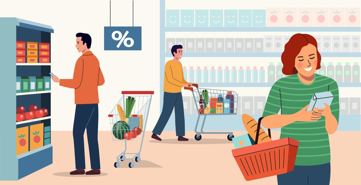 An illustration of three people doing the weekly shop in a supermarket.