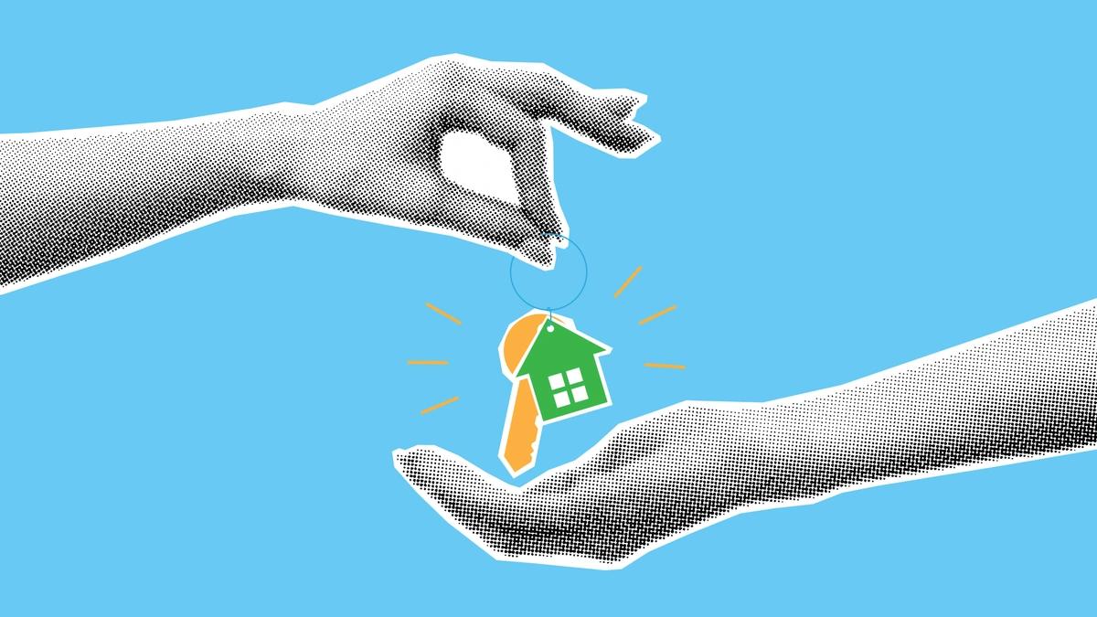 Illustration of landlord passing keys to a new home to their tenant