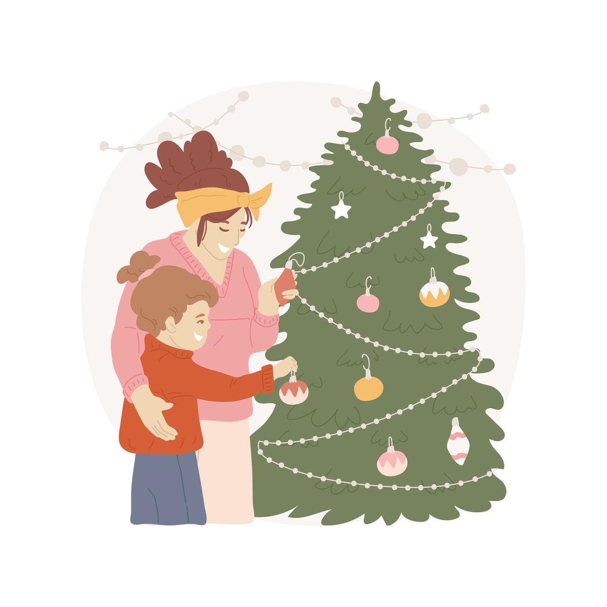 Illustration of mother and child decorating Christmas tree