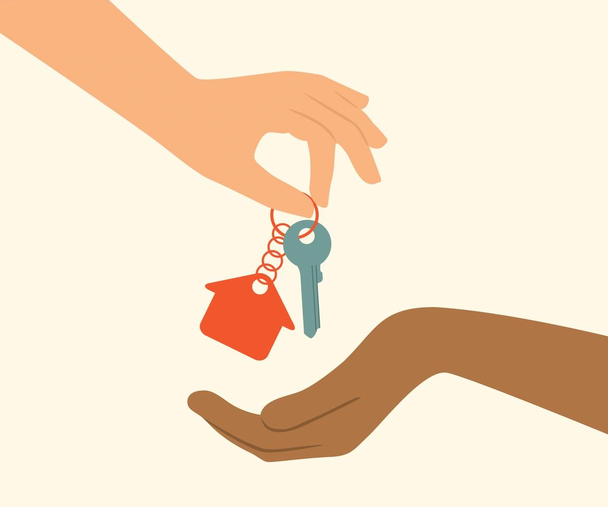 An illustration of a key with a red house keychain being given to another person.