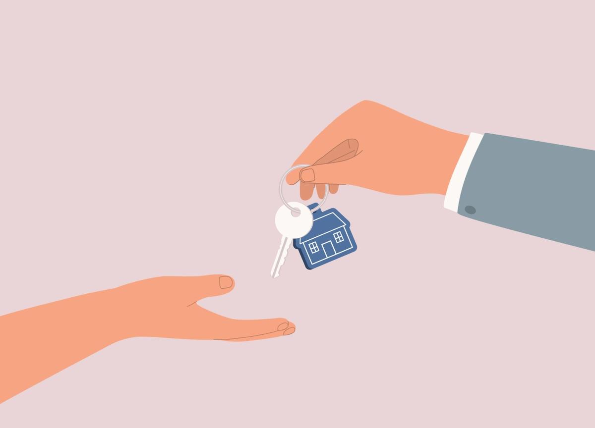 An illustration of house keys exchanging hands.