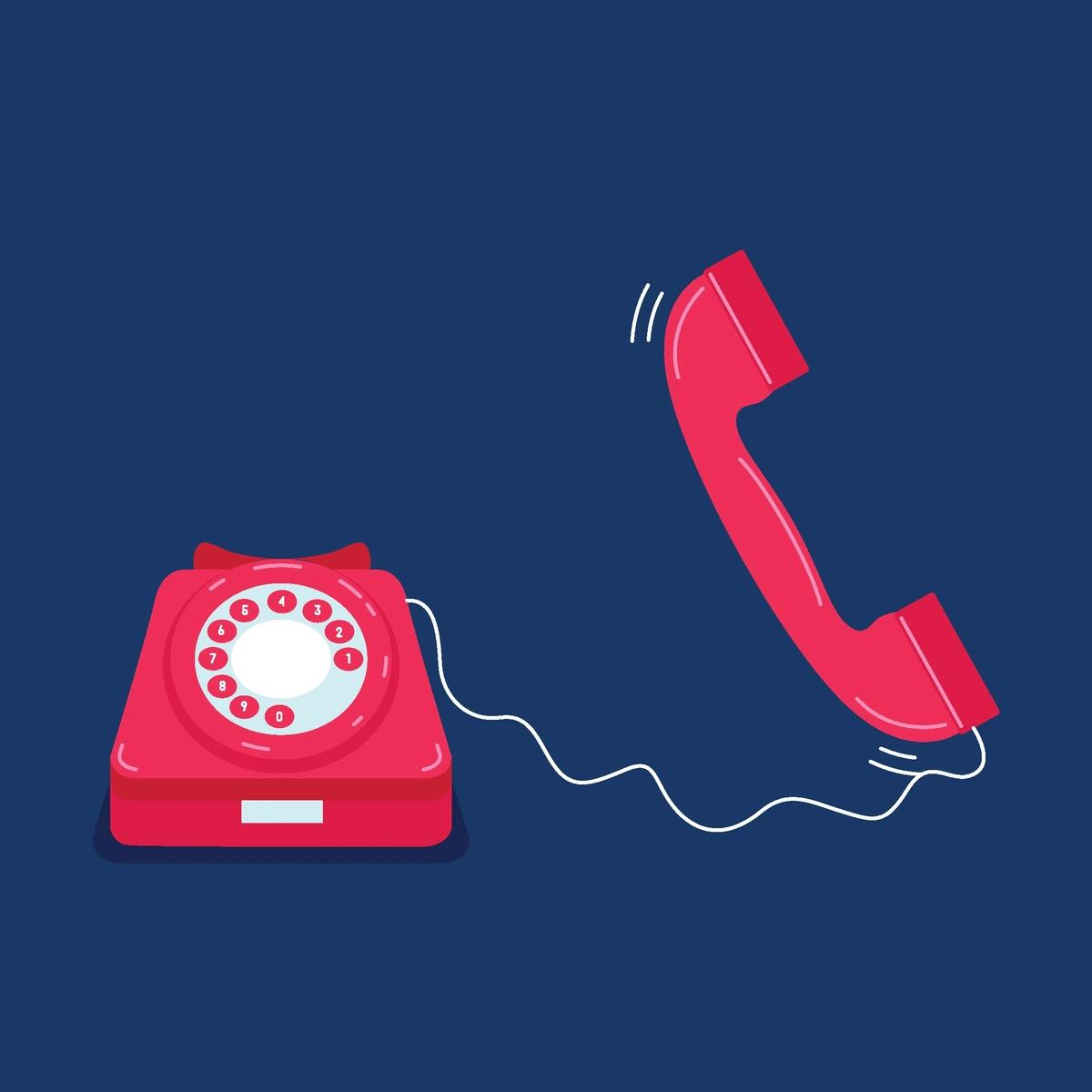 An illustration of a red rotary landline phone ringing.