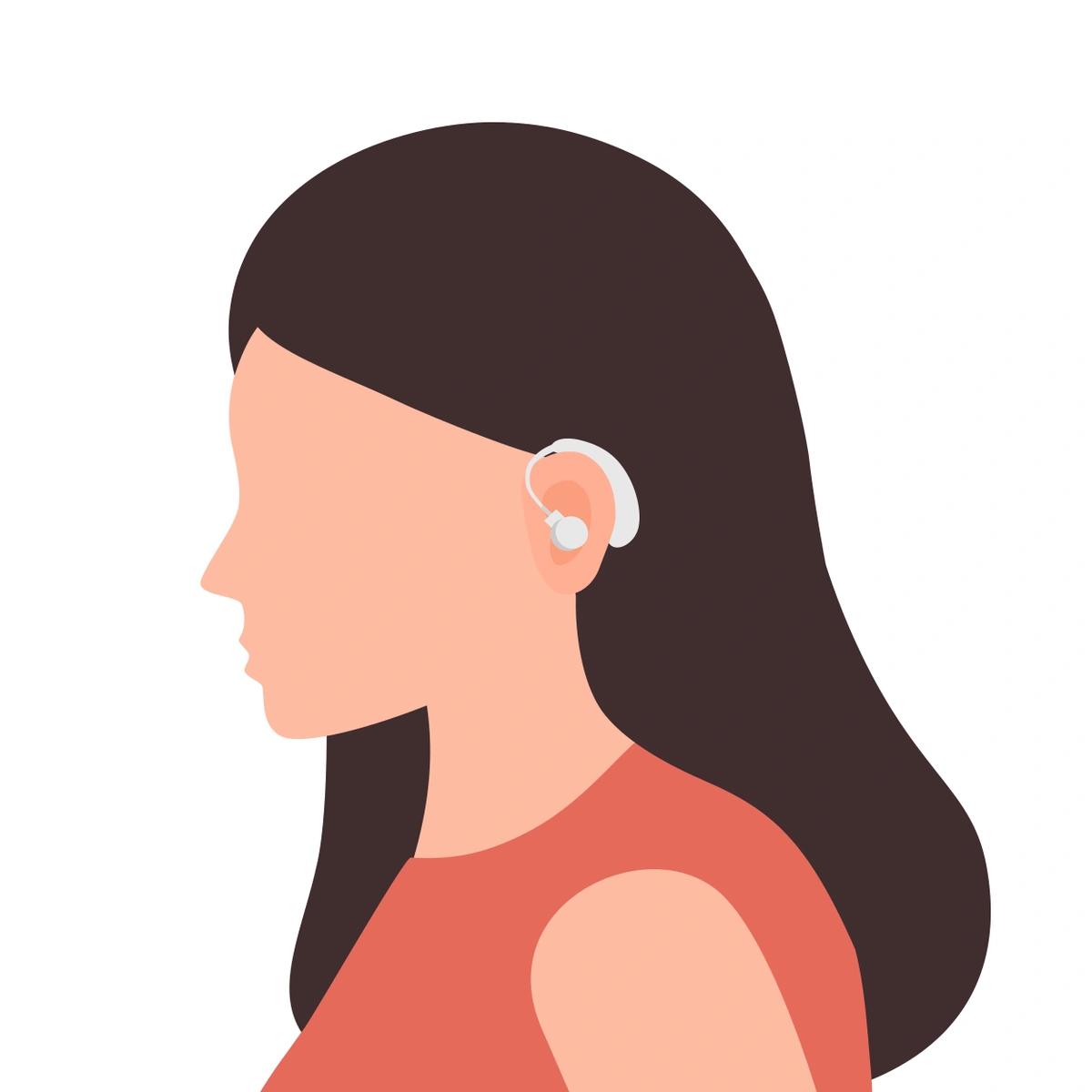 An illustration of a young deaf woman with a hearing aid.