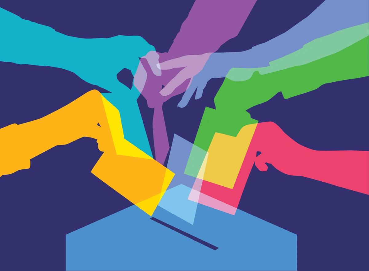 Illustration of hands casting their vote at the ballot box