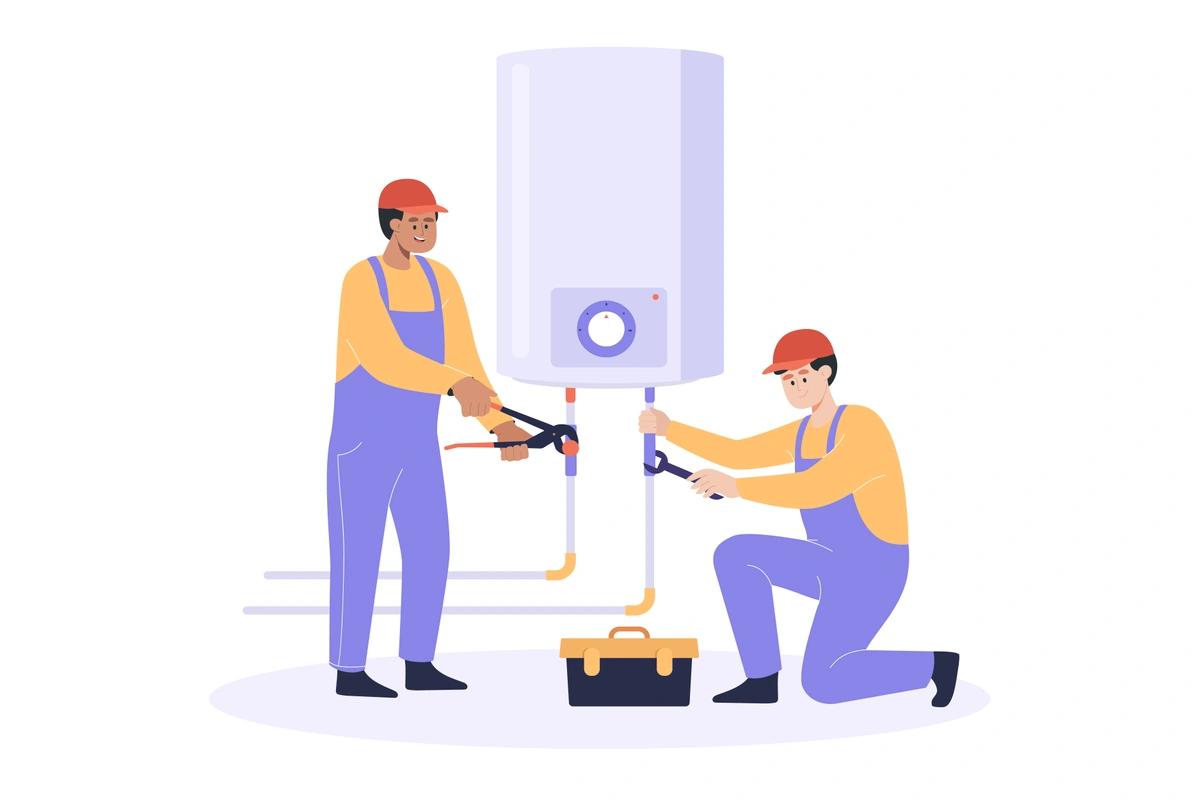 An illustration of two men fixing a boiler.